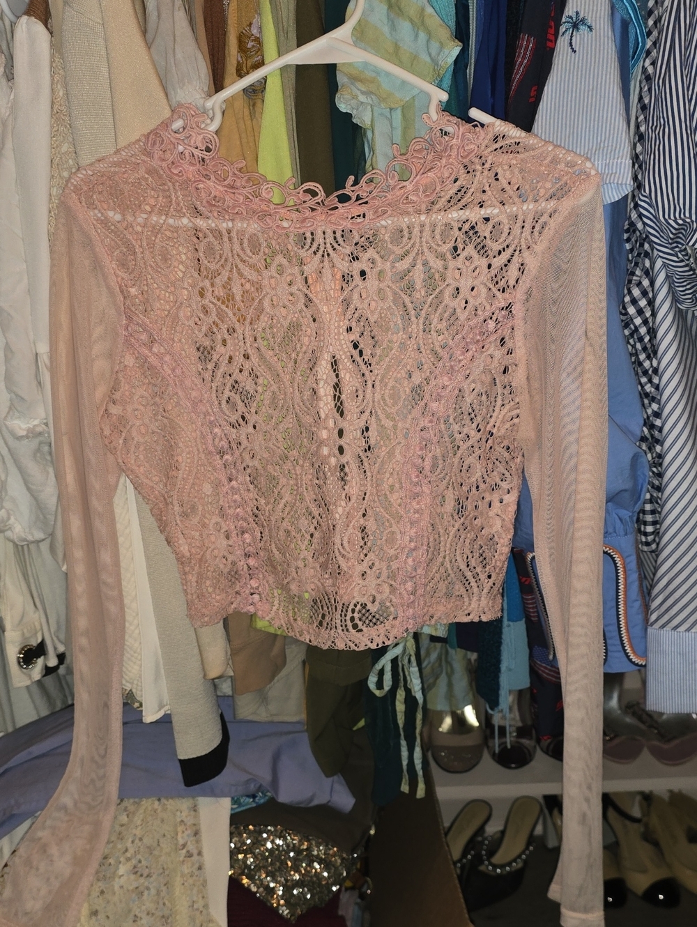 Delicate Pink Lace Long-Sleeve Top